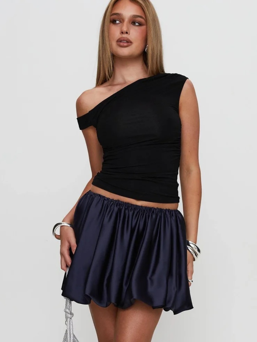 NWT Princess Polly Rubee Bubble Hem Satin Miniskirt Navy Blue Size 14 Eco